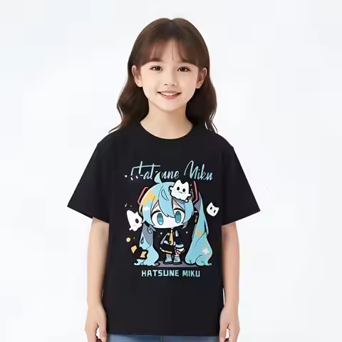 Short-sleeved T-shirt Collaboration Item with Miku from the Future. MIKU's Casual Clothing for Boys