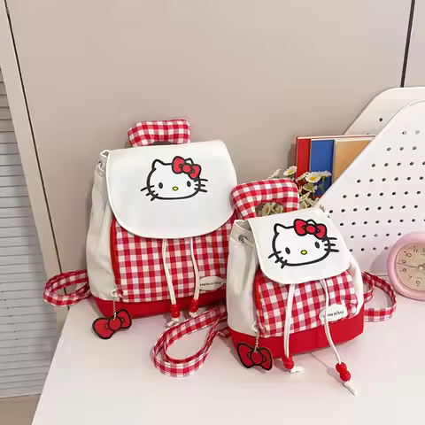 Hello Kitty Plaid Nylon Backpack Casual Travel Daypack Drawstring Shoulder Bag Outdoor Daily Shoppin