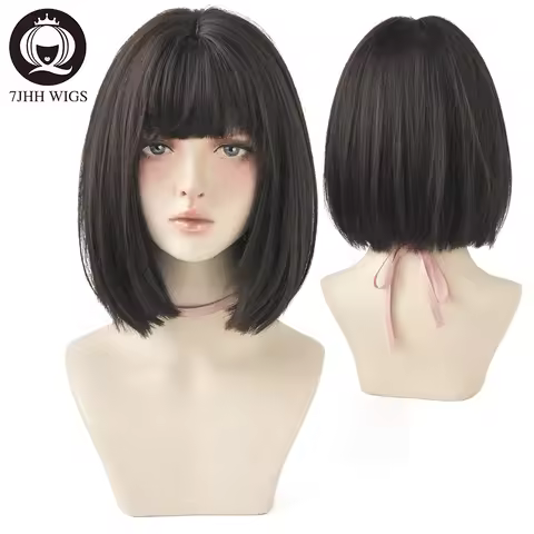 7JHH WIGS Black Short Bob Wig for Girl Daily Wear Synthetic Wig New Style Natural Supple Summer Heat