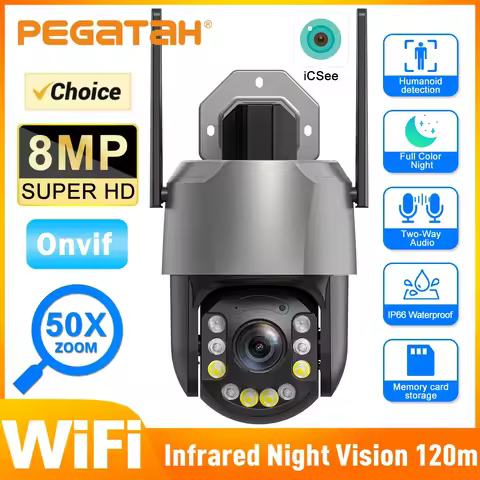 PEGATAH 5/8MP 50X Zoom PTZ Camera WiFi 4K Ultra HD 20X Outdoor Surveillance 120m Ultra Long IR Visio
