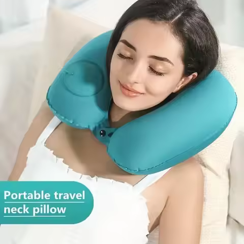 Press on Inflatable Pillow to Relax Neck Travel U-shaped Pillow Foldable and Portable with Leak Proo