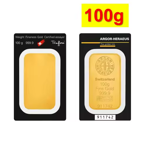 100g Argor Heraeus Gold Plated Bullion Copper Bar Gold Bar 100g Non-magnetic with Different Serial N