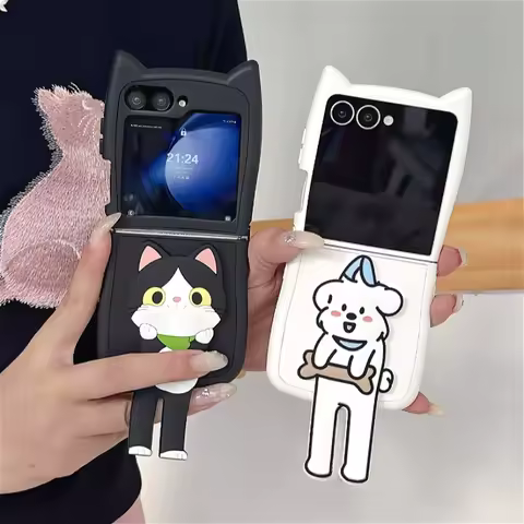 Cartoon 3D Cat Ear Stand Case For Samsung Galaxy Z Flip 3 4 5 6 7 5G ZFlip7 FE Protect Lovely Flip6 