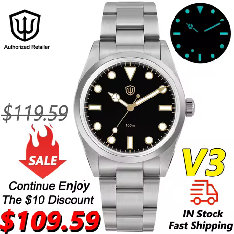 Watchdives WD1016 V3 Watch VH31 Sweep Second Movement 100m Waterproof Stainless Steel Slim Case Lumi