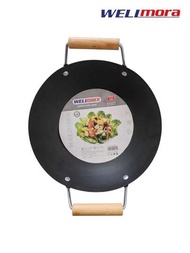 Olla Wok China De Hierro Antiadherente Con Asas De Madera (28x7 Cm) Cazuela Multifuncional De Cocina Estilo Asiática Resistente Al Calor - Olla Para Preparar Paella, Dumplings O Rollos Primavera Compatible Con Estufas De Gas E Inducción