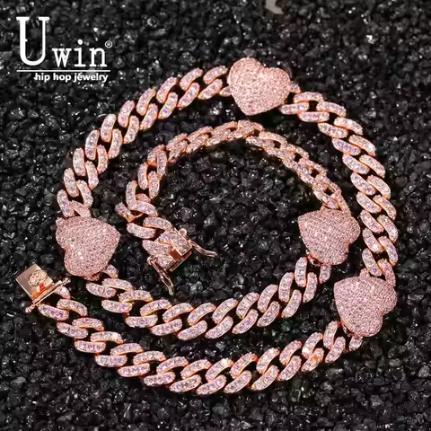 Uwin 9mm Cuban Link With Heart Pink choker Cz Punk Miami Link Bling Bling Hip Hop Jewelry For Gift