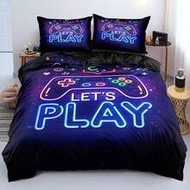 2/3pcs 3D Print Neon Let's Play Game Controller Duvet Cover Set Purple Black Gradient Base Pink Purp