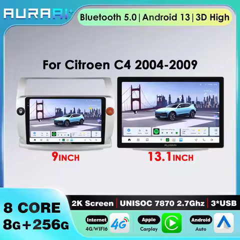 AURAAI Wireless CarPlay For Citroen C4 C-Triomphe C-Quatre 2004-2009 Android 13 Auto Radio 8GB+256GB