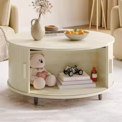 Round Coffee Table with Storage, 31.5" Modern Coffee Table with 360° Curved Sliding Door, Fluted Woo