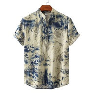 Plus Size Men's Retro Tie-dye Linen and Cotton Short Sleeve Floral Shirt Stand Collar Half Button Be