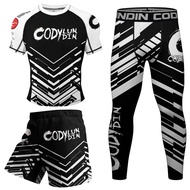 BJJ Anti Slip Bottom Rash Guard T-shirt+MMA Shorts Rashguard Jiu Jitsu Boxing MMA Compression Sets S
