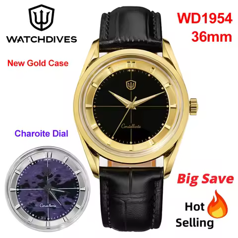 Watchdives WD1954 Quartz Watch New Gold Case Charoite Dial Sapphire Luxury Watch VH31 Sweep Movement