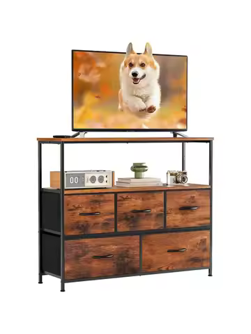 TV Stand Dresser for Bedroom with 5 Fabric Drawer,Entertainment Center for 45 inch Television, Media