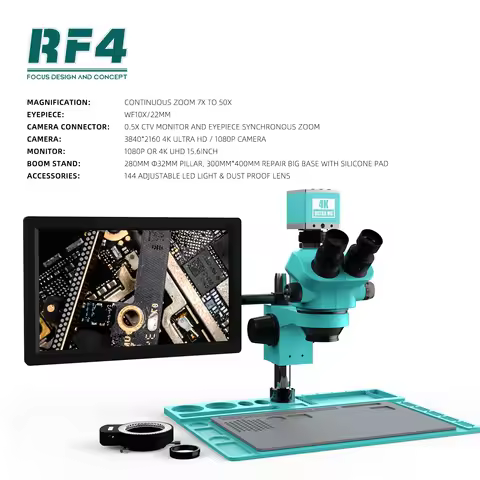 RF4 7-50X Trinocular Stereo 4K HDMI USB Camera 15.6 Inch Monitor Electronic Repair/Lab/ Jewelry Micr