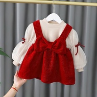 Bowknot Baby Girl Dress Suit New Year Bubble-sleeve New Year Girl Kids Dress 0-4T