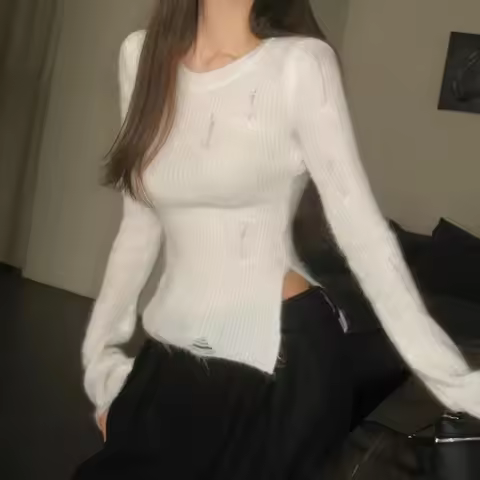 Semi-Sheer Knitted Jumper with Side Slit Long Sleeve Fitted Distressed Sweater Pullover Women Fall W