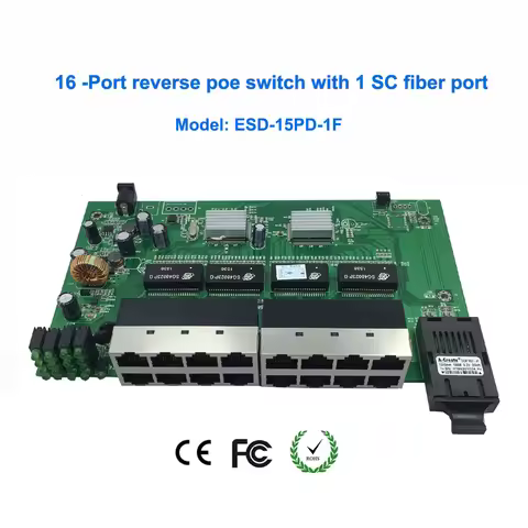 24V POE16-Port Reverse POE Ethernet Switch with 1 SC Fiber Port Single Mode Dual Fiber PCB Board