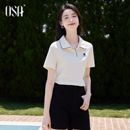 เสื้อยืดคอโปโลผู้หญิง OSA แขนสั้นปักลายฤดูร้อน 2025 คอกลม แขนสั้น ทรงหลวม ผ้าฝ้ายผสมโพลีเอสเตอร์ คอก