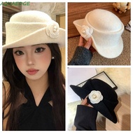 AQUAEDGE Hepburn Style Topper Hat, French Style Flat-top Black Felt Hat, Retro Wide Brim Woolen Beig