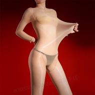 Male/female 185CM tall jumpsuit💚100KG large shiny jumpsuit sexy 3D ultra-thin concealer silk slick w