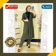 Setelan Muslim Wanita Celana Kulot Panjang Moscrepe Atasan Model Long Cardigan Tunik Terbaru Bahan Moscrepe Modern Set Muslimah Perempuan One Set Baju dan Celana Muslim Remaja Kekinian  VM073