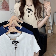 Ruffle Edge Lace Up Short Sleeved Knitwear Summer Korean Version T-shirt Short Top Women YES!