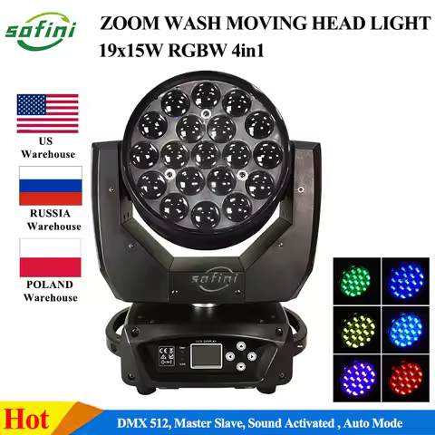 1Pcs 19x15W LED Zoom Wash Moving Head flycase LED Zoom Lyre Wash Light with 19x15W RGBW Beam Effect 