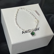 01_AMBUSH Silver Bracelet For Women Fashion Temperament Square Green Zircon Pearl 999 Silver Bracele