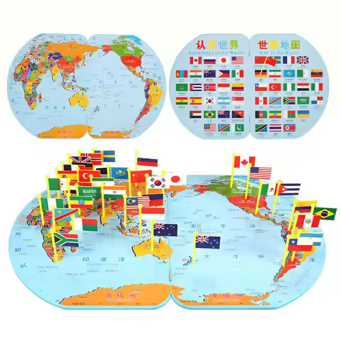 Kids 3D Puzzles Large Size Wooden World Map with Flags Puzzle Game for Children Early Learning Educa