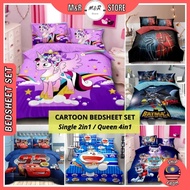 Cadar Katil Kartun Budak Single 2in1 Queen 4in1 Kids Cartoon Bedsheet Set Doraemon Frozen Spiderman Batman Car