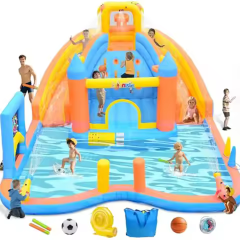Large Inflatable Water Double Slides Park 16x13x8 FT Water Bounce House with Heavy Duty Air Blower C