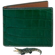 Green Alligator Leather Slim Bifold Wallet Men Hand Stitching Crocodile Belly Premium Thin Security 