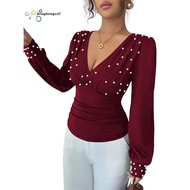 Female Deep V Neck Peals Long V-Neck Shirt Elegant  Fitted Shirts Wine Red L