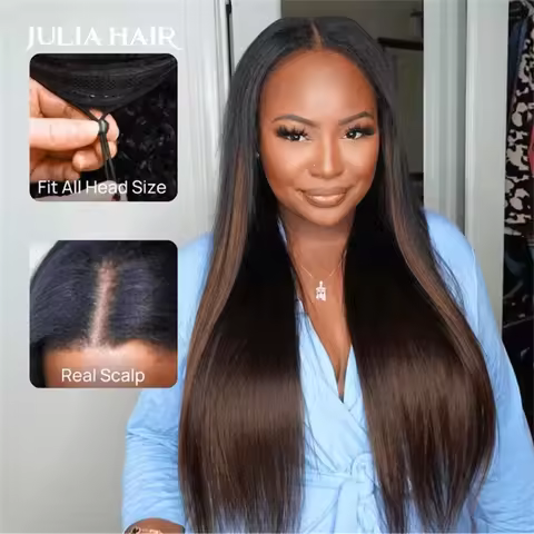 Julia Hair Drawstring Chestnut Brown Yaki Straight V Part Wig No Sew In Glue Machine Made Upgrade U 