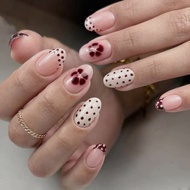 Wearable Cute Flower Stars Short Round False Nails 24pcs Almond Press On Nails Pink Blush French Fak