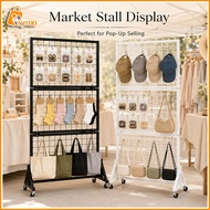 Foldable Mobile Grid Display Rack Pegboard Rack With Wheels Metal Mesh Stand For Snacks Tools Bags C