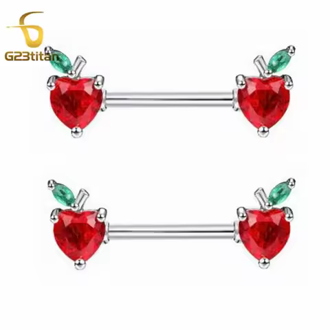 G23Titan 2pcs Double Red Apples Green Leaf Shaped Zircon Nipple Rings Women 12-22mm Piercings Anti A