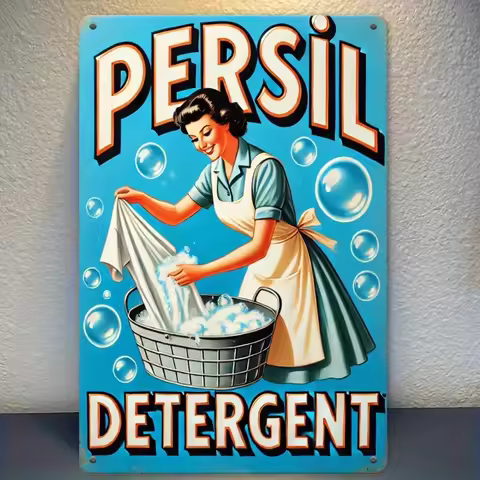 A Tin Sign Featuring Classic Persil Laundry Powder Theme, Showcasing Vintage Housewife And Scenes. I