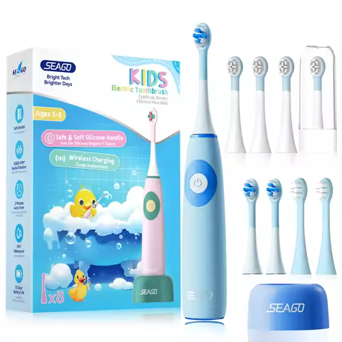 Seago Kids Electric Toothbrush with 8 Toothbrush Heads Silicone Handle Wireless Rechargeable Lats fo