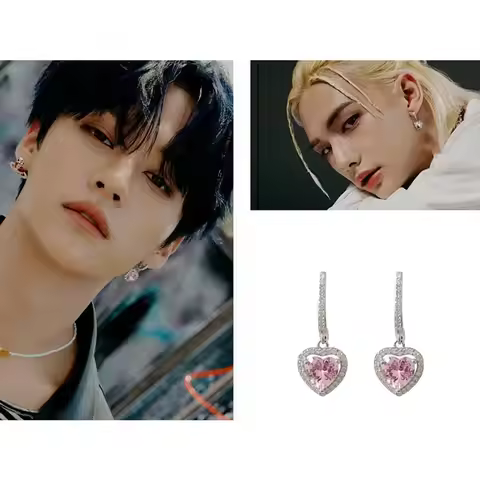 Pink Sweet Peach Heart Zirconia Ear Studs Kpop Idol Lee Know MinHo Hwang HyunJin Same Maxident Dangl