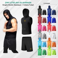 2IN1 ADDAR SINGLET HOODIE BASELAYER SET & DRYFIT SHORTS FOR MEN'S GYM RUNNING SPORTS