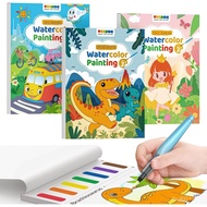 TECJOE 3 Pack Paint with Water Coloring Books for Toddlers, Watercolor Paint Set with 6 Brushes, Mes