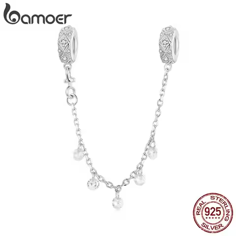BAMOER Dainty 925 Sterling Silver Embossed Silicone Charm CZ Safety Chain for Women fit Original Bra