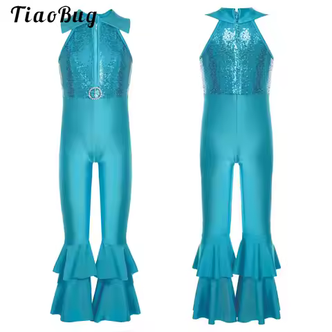 Shiny Sequins Moden Jazz Hip-Hop Jumpsuits for Kids Girls Halloween 70s 80s Hippie Disco Cosplay Par