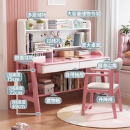 Spot parcel post Children's Adjustable Solid Wood Desk Bookshelf Integrated Home Girl Writing Desk Bedroom Student Study Table and Chair Set