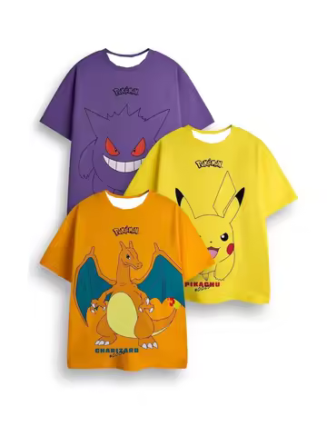 Pokemon Character 3-Pack T-Shirt Set Gengar Pikachu Charizard Oversized Graphic Tees Family Matching