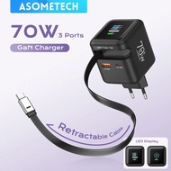70W GaN Fast Charger with Type-C Retractable Cable 3 IN 1 PD3.0 QC4.0 PPS Fast Charging for IPhone 1