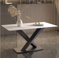 文記 - 輕奢風簡約長方形岩板餐桌(勞倫白金/X腿/直邊)(尺寸:80*140CM)#M209012085