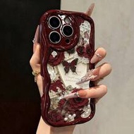 เคสโทรศัพท์นุ่มกันกระแทกสำหรับผู้หญิง ลายพิมพ์แบนผีเสื้อกุหลาบ สีเบอร์กันดี พื้นผิวครีมแบบวาด ลายแฟช
