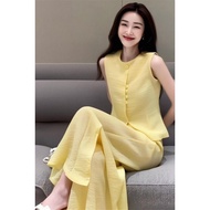 Yellow French Style Top & Pant Suit - Elegant Women's Outfit